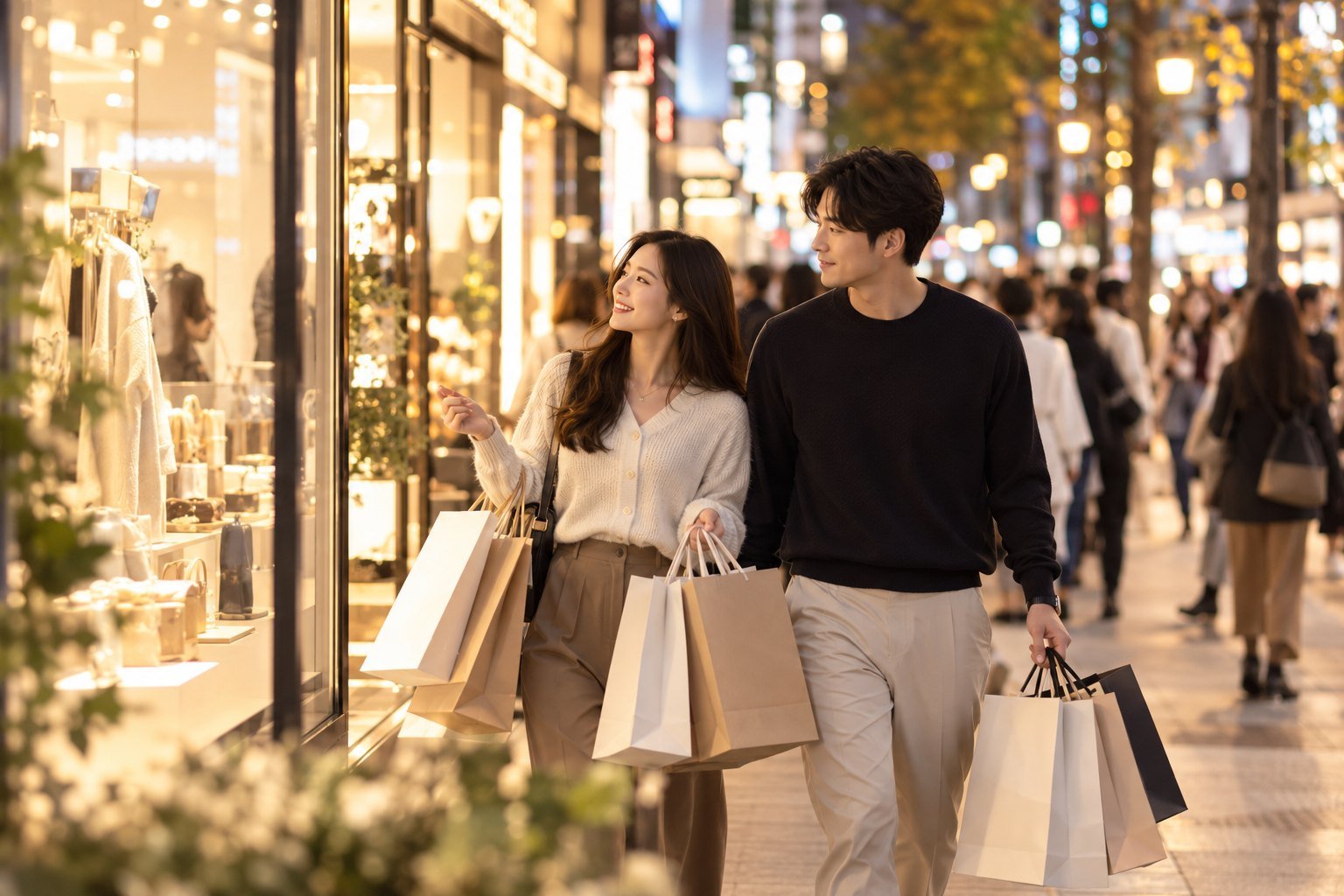 Una pareja de turistas con bolsas de compras en una calle comercial de Seúl al anochecer (imagen generada con IA)