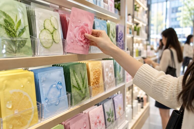 Estantes con mascarillas de tela coreanas en una tienda de belleza de Seúl (imagen generada con IA)