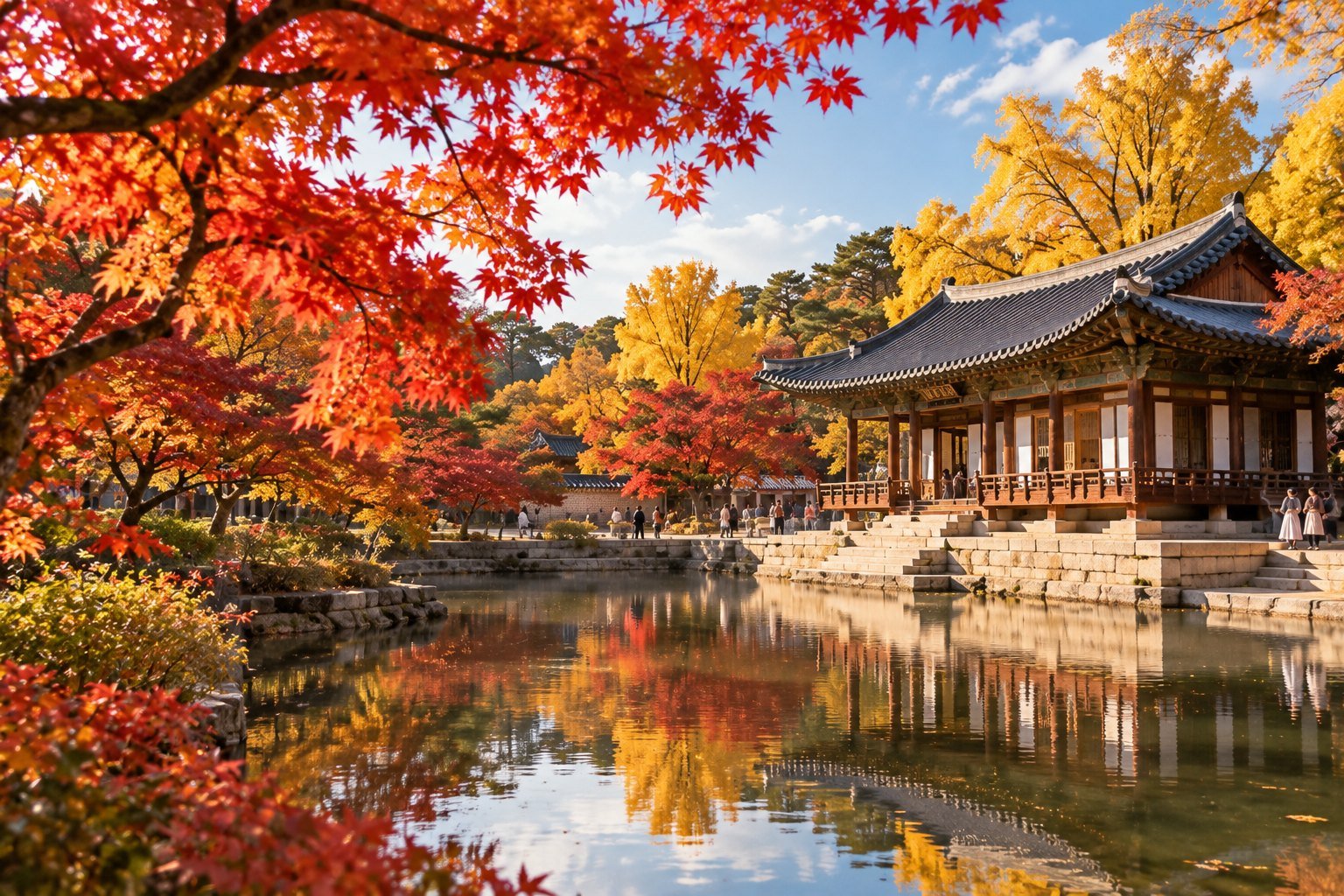 Pabellón tradicional coreano junto a un estanque rodeado de árboles en otoño (imagen generada con IA)