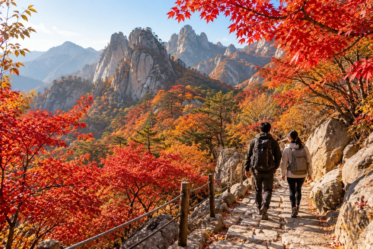 Sendero de montaña en Corea con arces rojos en pleno otoño (imagen generada con IA)