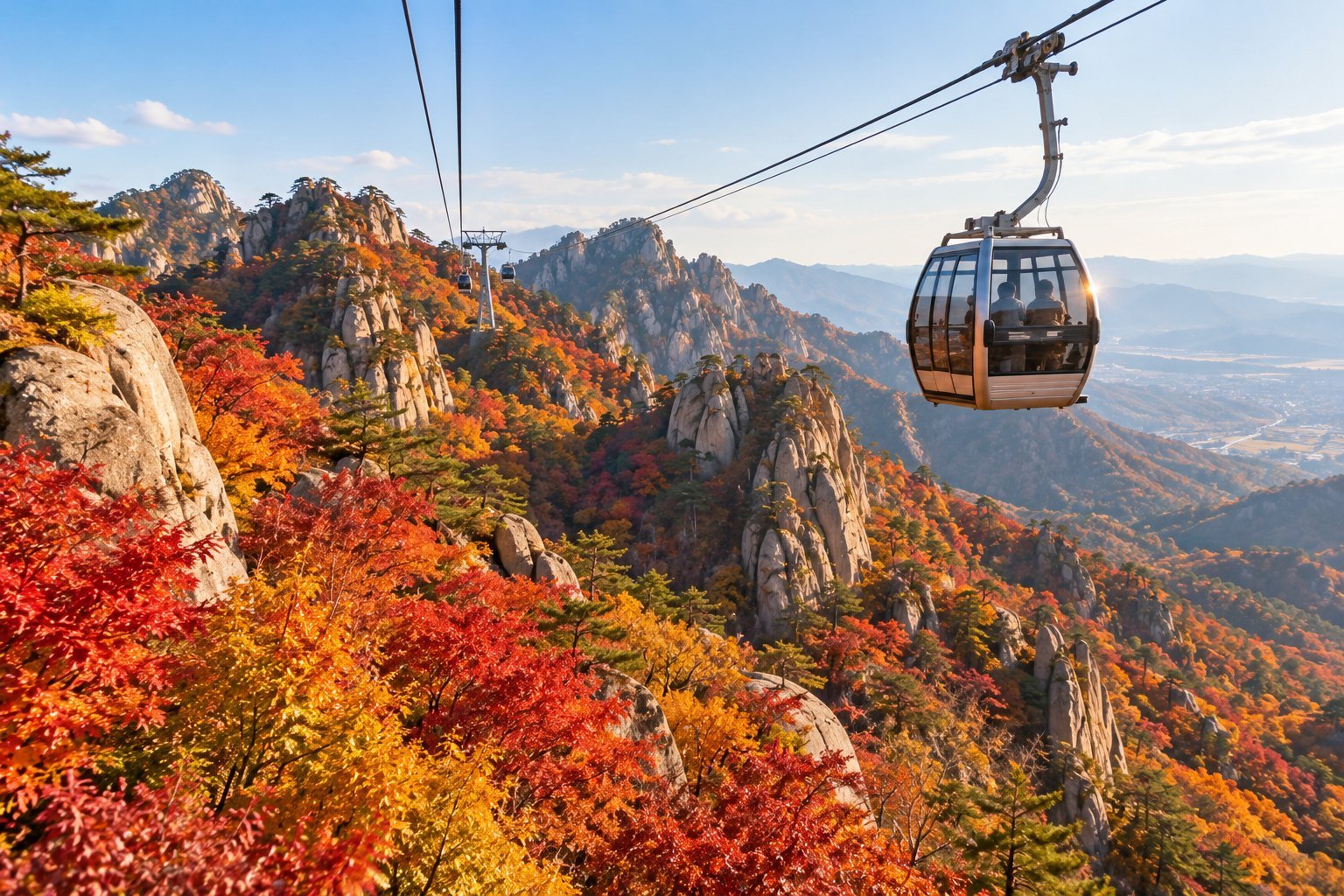 Cabina de teleférico sobre picos de granito con follaje otoñal en Corea (imagen generada con IA)