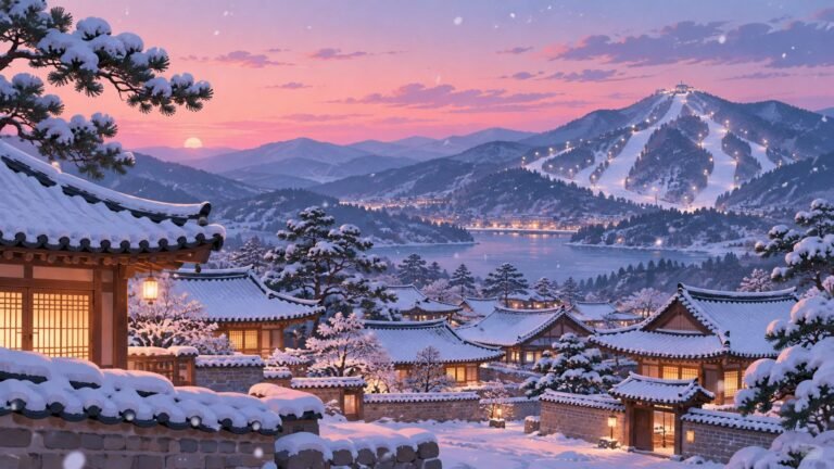 Ilustración de un paisaje nevado de Corea con tejados tradicionales y una pista de esquí, invierno en Corea (imagen generada con IA)