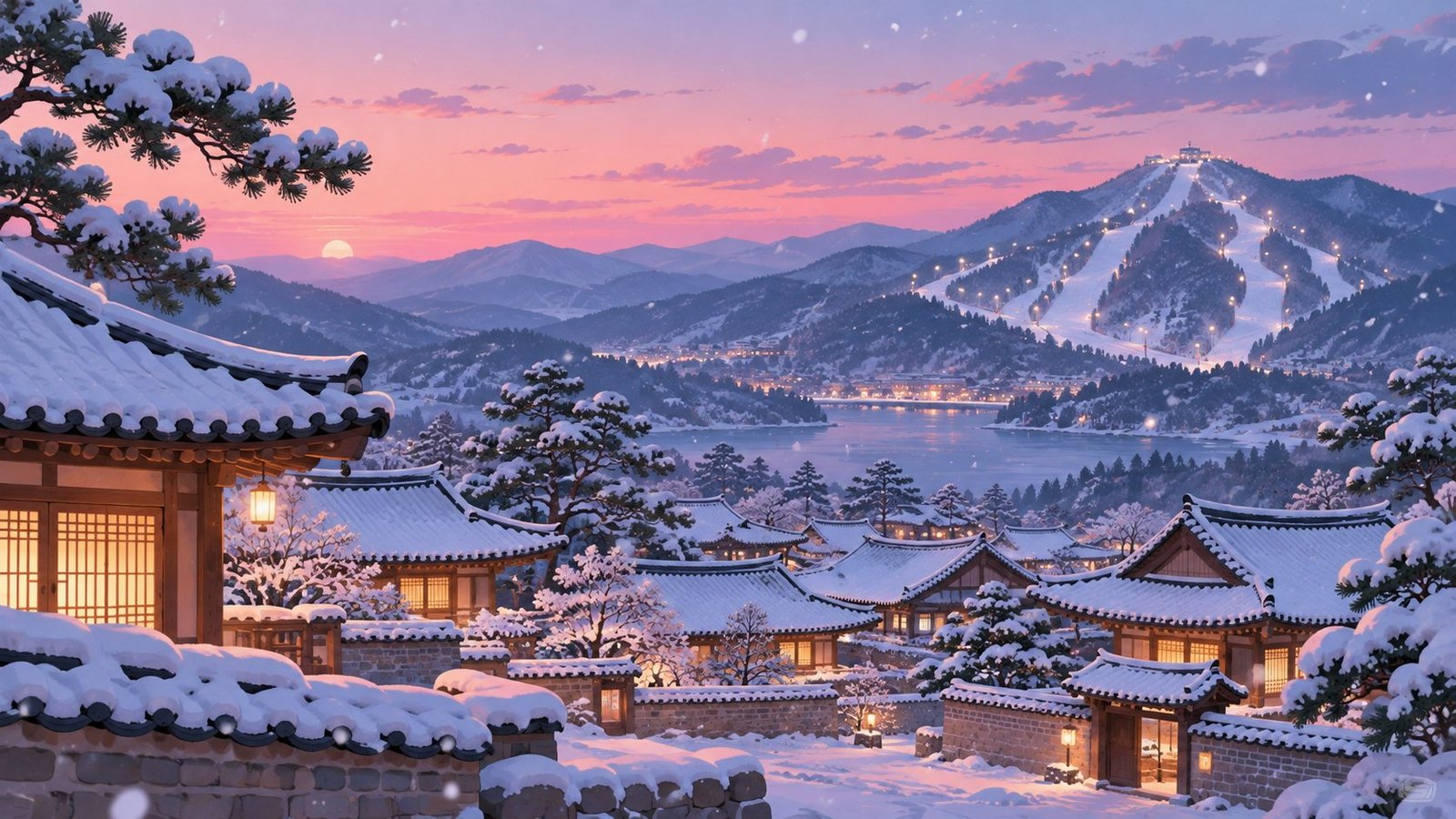 Ilustración de un paisaje nevado de Corea con tejados tradicionales y una pista de esquí, invierno en Corea (imagen generada con IA)