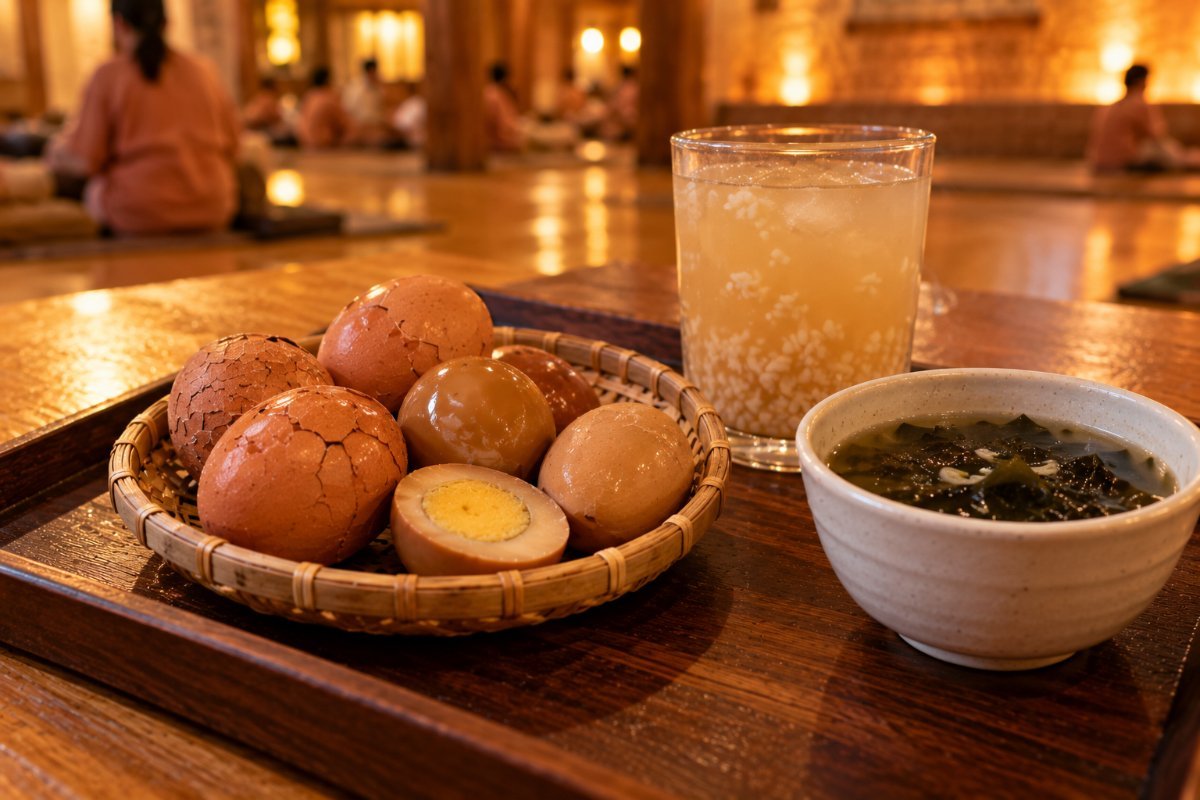 Huevos al horno de cáscara marrón, un vaso de sikhye y un cuenco de sopa de algas miyeok-guk sobre una mesa de madera (imagen generada con IA)