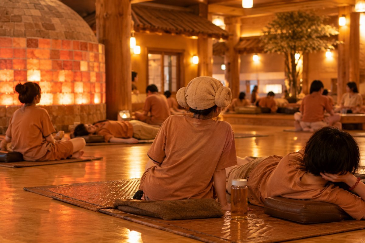 Sala de descanso de un jjimjilbang coreano con suelo calefactado, gente con la misma ropa y una persona con la toalla enrollada en la cabeza (imagen generada con IA)