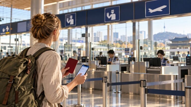 Viajera con pasaporte español en el control de inmigración de un aeropuerto de Corea del Sur (imagen generada con IA)