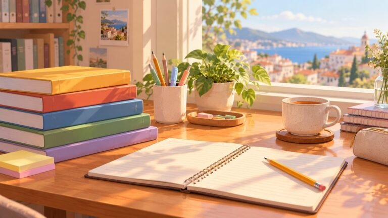 Escritorio con libros de texto y un cuaderno para libros para aprender coreano (imagen generada con IA)