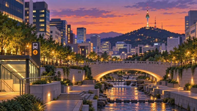 Ilustración de Seúl al atardecer con la Torre N y el arroyo Cheonggyecheon, localizaciones de K-dramas en Seúl (imagen generada con IA)