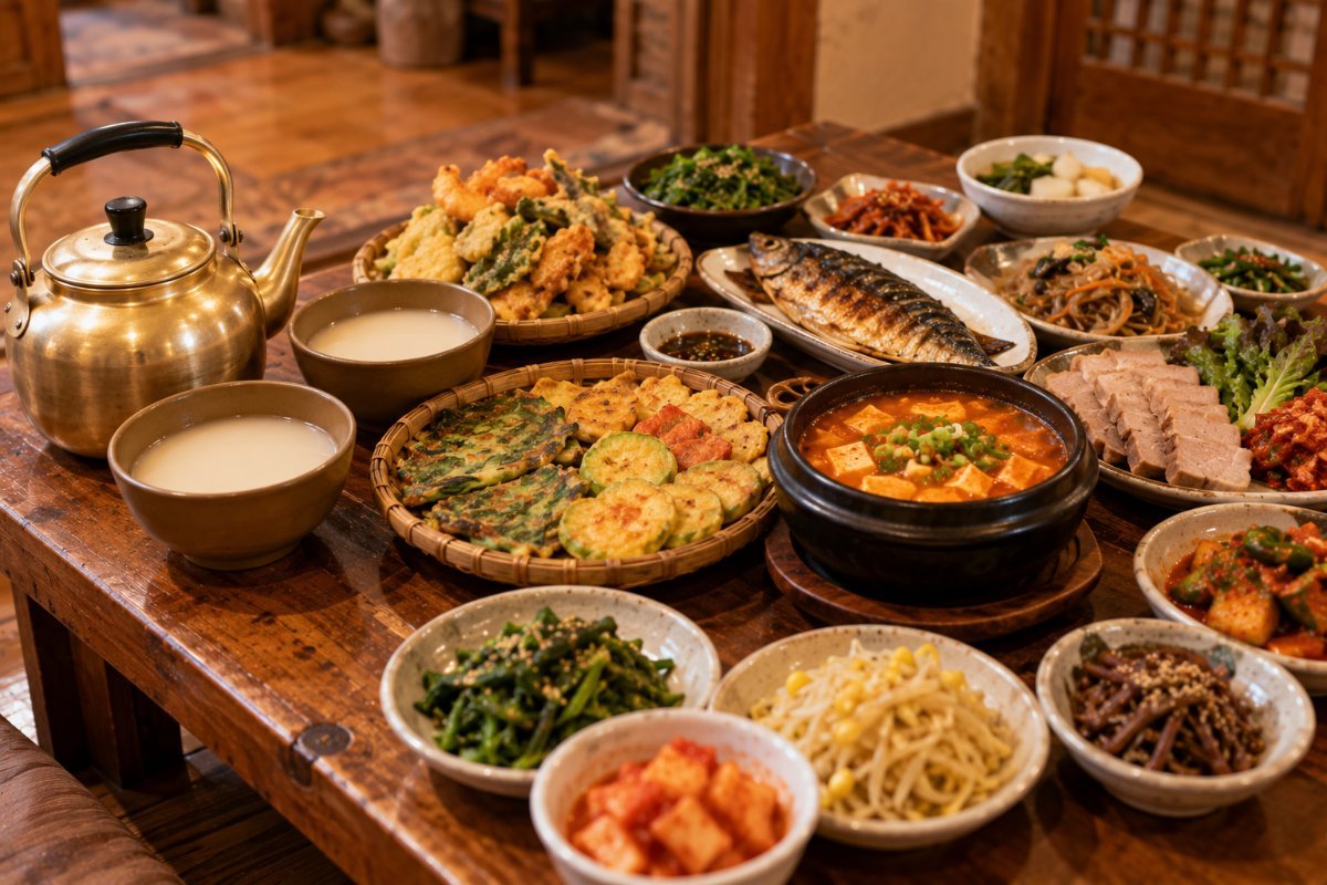 Una tetera de makgeolli con una mesa llena de platos en Jeonju (imagen generada con IA)