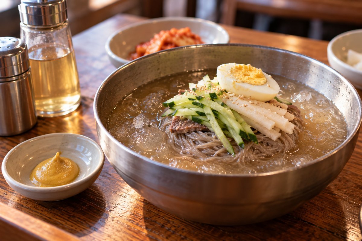 Un cuenco de naengmyeon con caldo frío y hielo, huevo cocido, pepino y pera sobre una mesa de madera en Corea (imagen generada con IA)