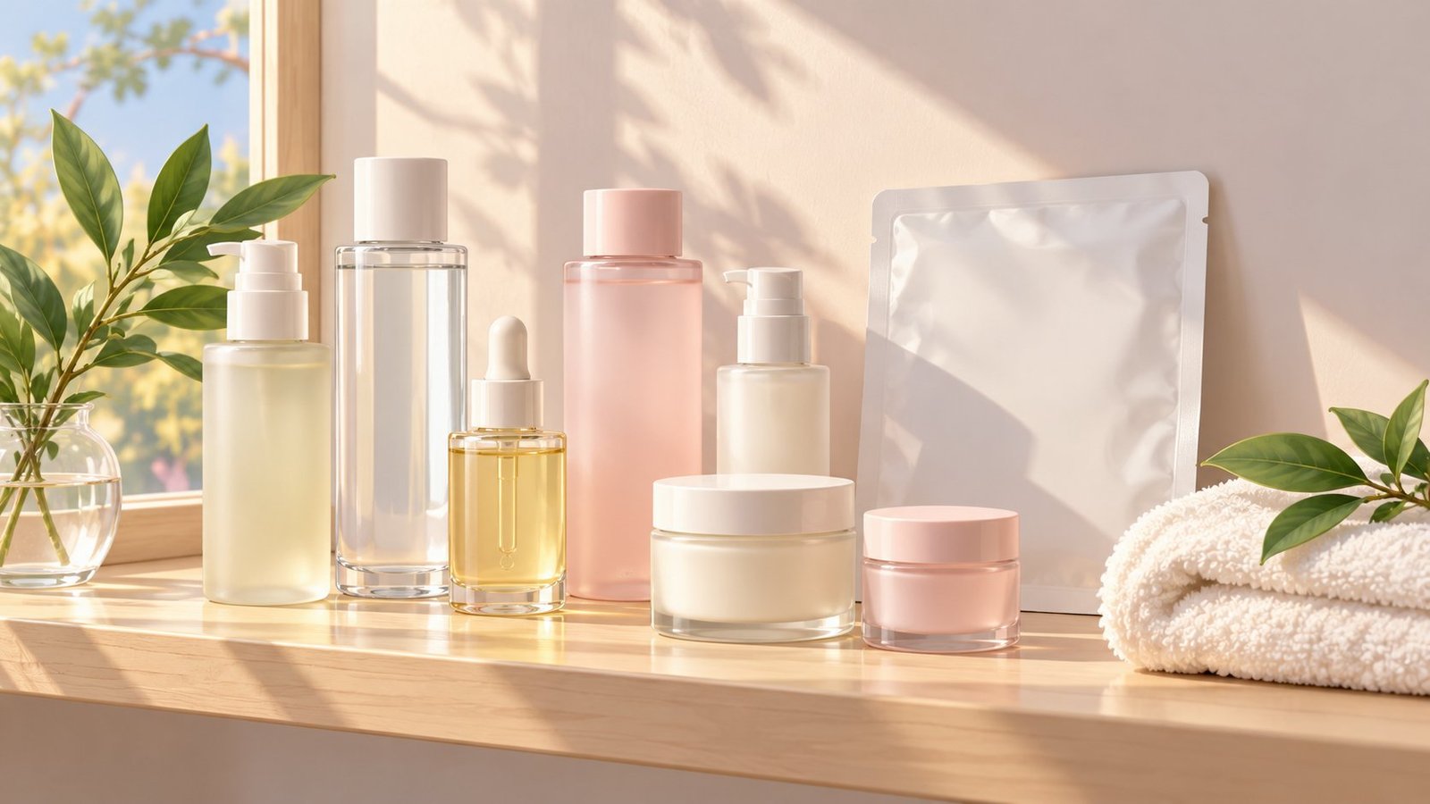 Ilustración de productos de cuidado de la piel sobre una estantería, rutina coreana de skincare (imagen generada con IA)