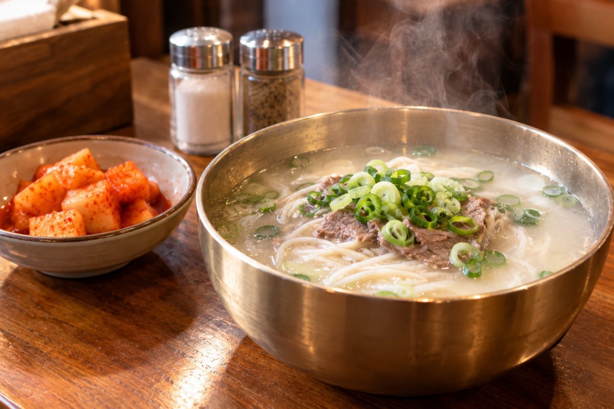 Un cuenco de seolleongtang, caldo blanco de hueso de ternera con fideos y cebolleta, junto a kimchi de rábano (imagen generada con IA)
