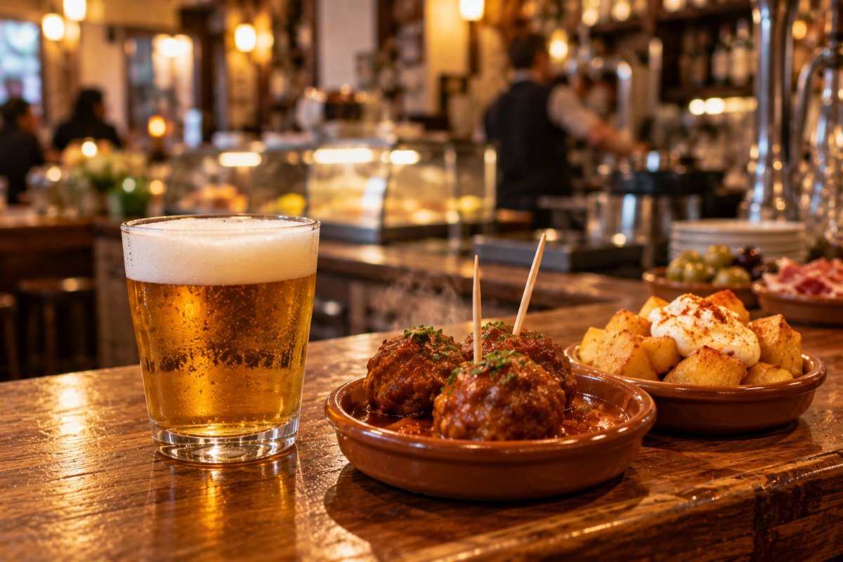 Una caña con su tapa gratis en la barra de un bar de Granada (imagen generada con IA)