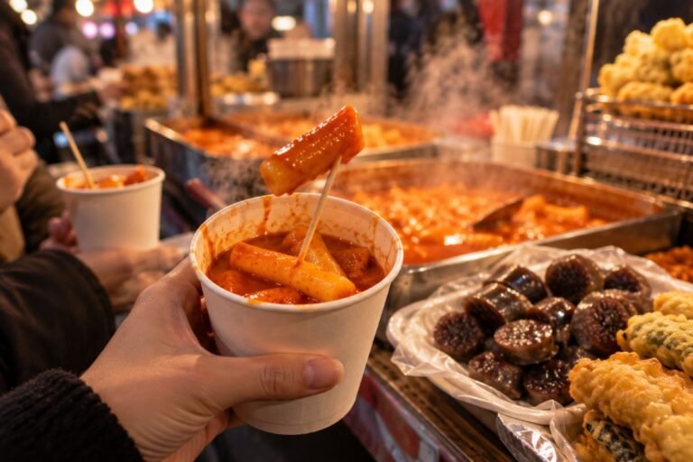 Vaso de papel con tteokbokki picante y palillos en un puesto callejero de Corea (imagen generada con IA)