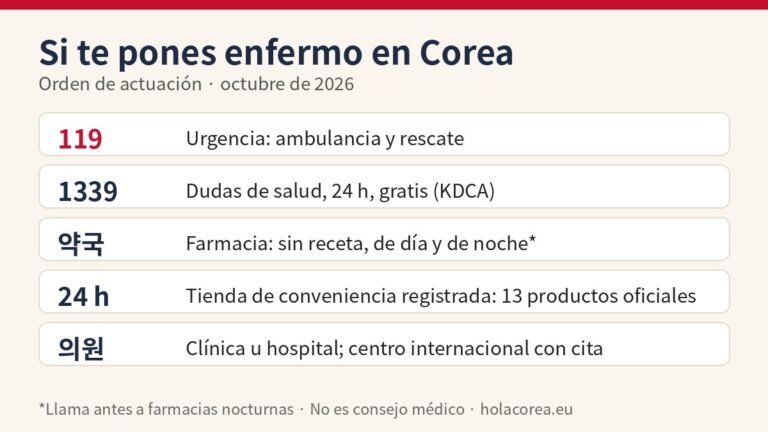 Resumen de qué hacer si te pones enfermo en Corea: 119, 1339, farmacia, tienda de conveniencia y clínica