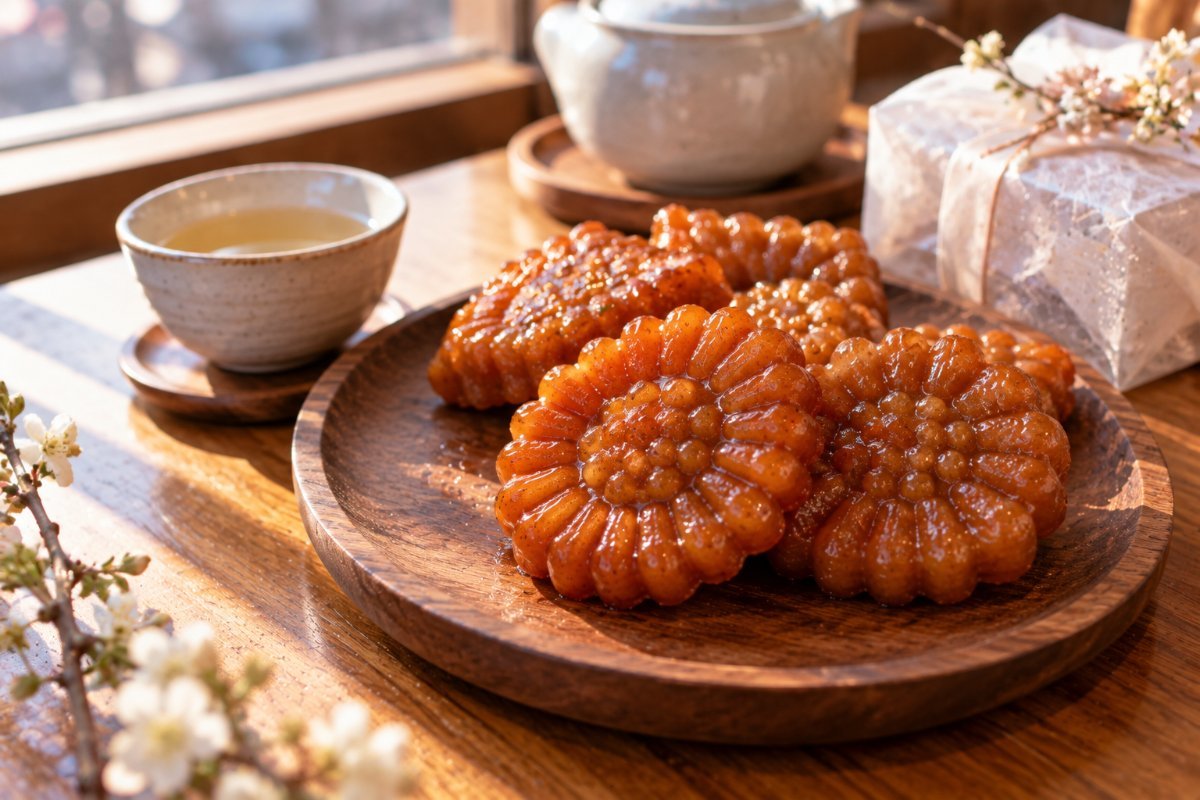 Yakgwa, dulces tradicionales coreanos con forma de flor, en un plato de madera junto a una taza de té (imagen generada con IA)